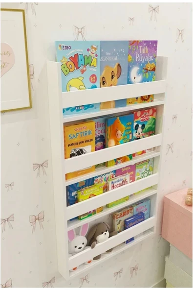 CTN PAZARLAMA Dekomotif Montessori Çocuk Odası Eğitici Kitaplık 4 Raflı Beyaz Kitaplık60x120