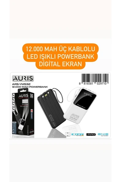 teras home 12.000 MAH ÜÇ KABLOLU LED IŞIKLI DİGİTAL EKRAN POWERBANK