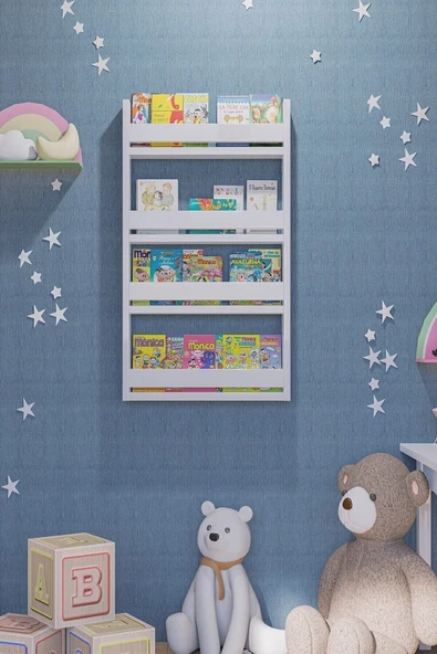 QUZU HOME Montessori Çocuk Odası Eğitici Kitaplık 4 Raflı Dekoratif Duvar Rafı - 3