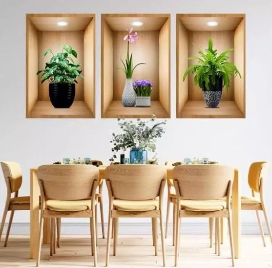 3D Çiçek Vazo Duvar Sticker 3 lü Set Kahverengi Fon - Resim 3