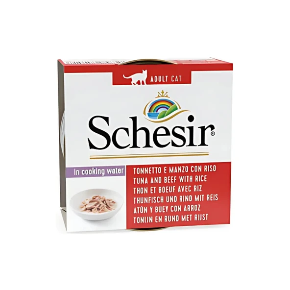 Schesir Suda Pişmiş Ton Balıklı Sığır Etli ve Pirinçli Yetişkin Kedi Konservesi 85 Gr (12 Adet) - Resim 2