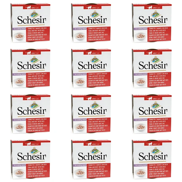 Schesir Suda Pişmiş Ton Balıklı Sığır Etli ve Pirinçli Yetişkin Kedi Konservesi 85 Gr (12 Adet)