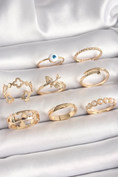Pirinç Gold Renk Nazar Boncuk Model Kuş Detay Kadın Yüzük Kombini - TJ-BYK3672