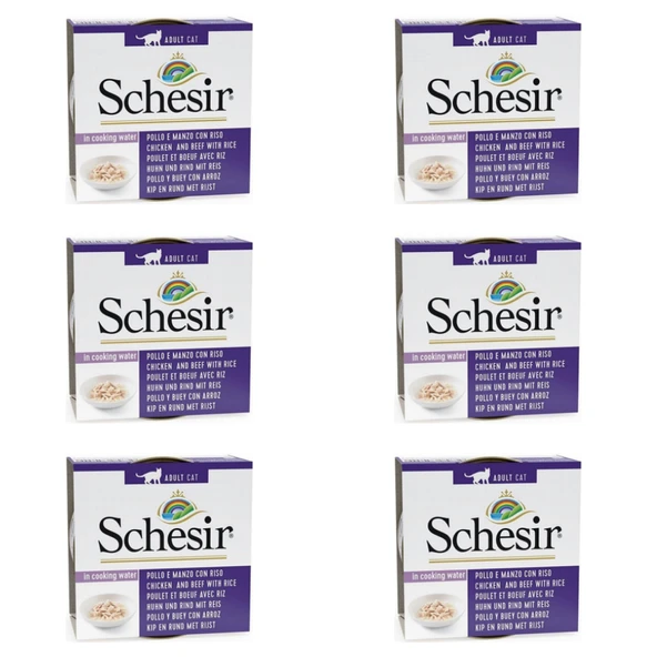 Schesir Doğal Tavuk Etli Sığır Etli ve Pirinçli Yetişkin Kedi Konservesi 85 Gr (6 Adet)