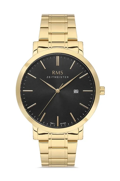 RMS Zeitmeister RMS.1.AG1534.08 Klasik Tasarım Kristal Cama Sahip 5 ATM Suya Dayanıklı Çelik Kordon Altın Renk Erkek Kol Saati