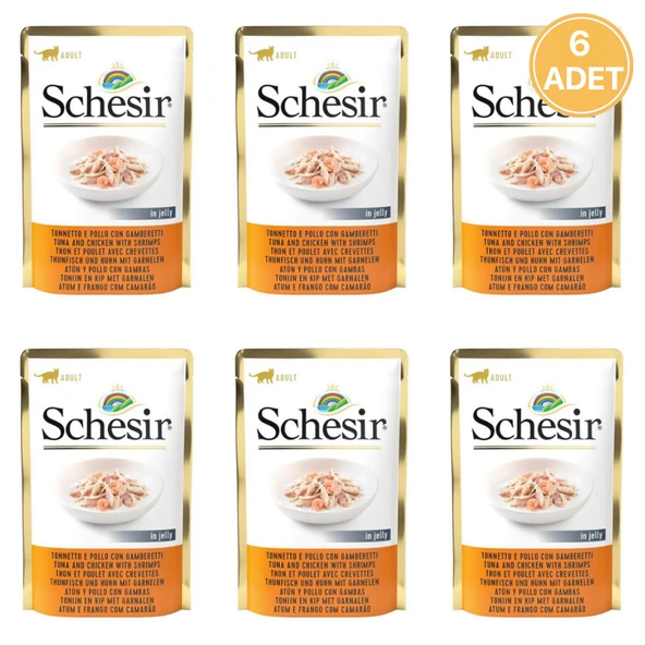Schesir Jöle Içersinde Ton Balık Tavuk ve Karidesli Yetişkin Kedi Konservesi 85 Gr (6 Adet)