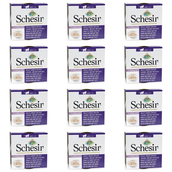 Schesir Doğal Tavuk Etli Sığır Etli ve Pirinçli Yetişkin Kedi Konservesi 85 Gr (12 Adet)