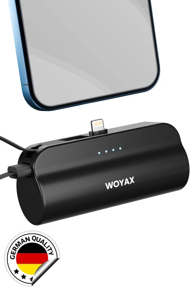 iPhone Lightning Soketli Mini Powerbank 5000mAh Type-C Dahili Kablolu Taşınabilir Şarj Cihazı Siyah