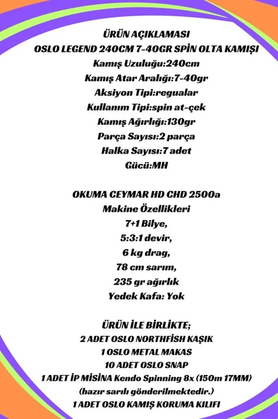 Okuma Ceymar HD CHD 2500A Oslo Legend 240cm 7-40gr 8 Örgü Spin Olta Seti - Resim 2