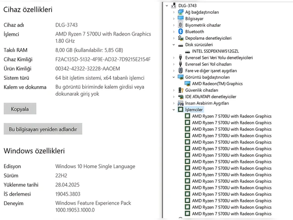 Lenovo IdeaPad 3 15ALC6 AMD Ryzen 7 5700U 8GB RAM 512GB SSD W10 15.6” FHD 82KU01YHTX (İKİNCİ EL) - 5