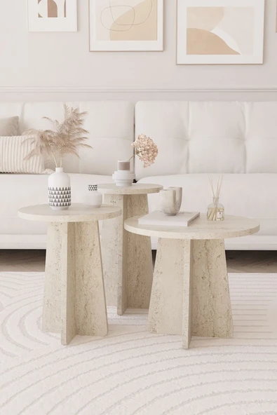 Mantar 3 Lü Zigon Sehpa Iskandinav Stili - Traverten-Yeni stil-Yan sehpa-orta Sehpa