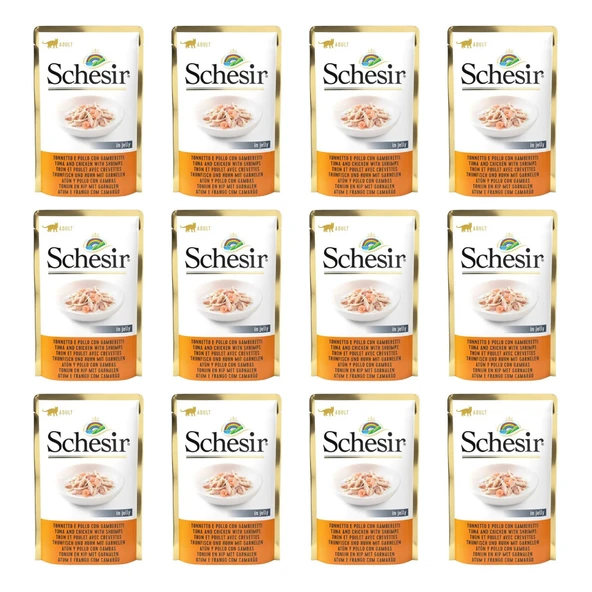 Schesir Jöle Içersinde Ton Balık Tavuk ve Karidesli Yetişkin Kedi Konservesi 85 Gr (12 Adet)