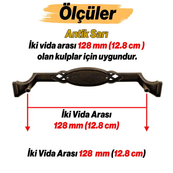 Antik Sarı Metal Kulp (128 mm - 12.8 cm) Mobilya Mutfak Çekmece Dolap Kulpu Kulbu Eskitme Kulpları - Resim 2