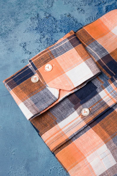 Regular Fit %100 Ham Keten Yaka Düğmeli Ekoseli Cepli Yazlık Gömlek - Resim 4