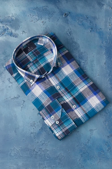 Regular Fit %100 Ham Keten Yaka Düğmeli Ekoseli Cepli Yazlık Gömlek - Resim 5