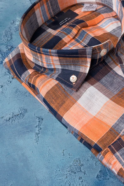 Regular Fit %100 Ham Keten Yaka Düğmeli Ekoseli Cepli Yazlık Gömlek - Resim 2