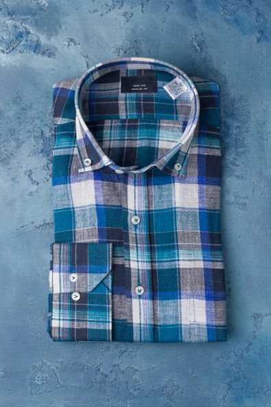 Regular Fit %100 Ham Keten Yaka Düğmeli Ekoseli Cepli Yazlık Gömlek - Resim 7