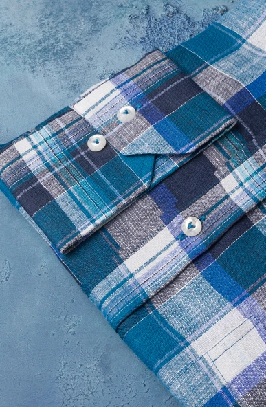 Regular Fit %100 Ham Keten Yaka Düğmeli Ekoseli Cepli Yazlık Gömlek - Resim 8