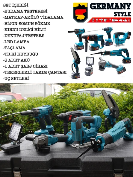 Germany Style Pro-Qt 3 Akülü 8'li Süper Set Taşlama-Matkap-Kırıcı-Bijon Sökme-Tilki Kuyruğu-Budama - 3