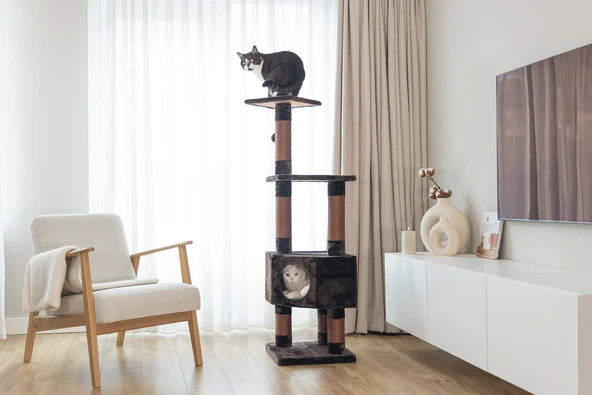 Beeztees Kedi Köşe Tırmalama ve Oyun Evi, Kahverengi, 40x40x135cm - Resim 12