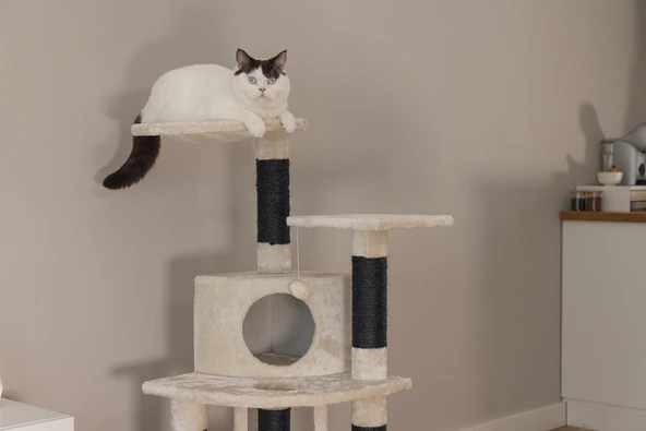 Beeztees Kedi Tırmalama ve Oyun Evi, Krem, 50x50x123cm - Resim 8