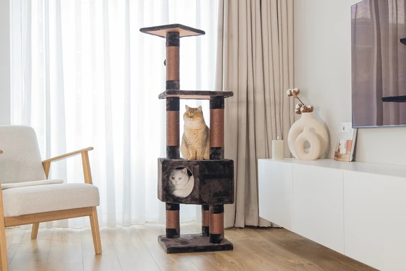 Beeztees Kedi Köşe Tırmalama ve Oyun Evi, Kahverengi, 40x40x135cm - Resim 11