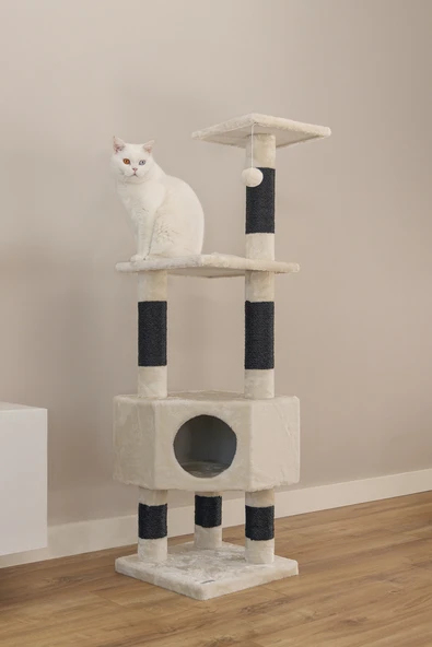 Beeztees Kedi Köşe Tırmalama ve Oyun Evi, Krem, 40x40x135cm - Resim 8