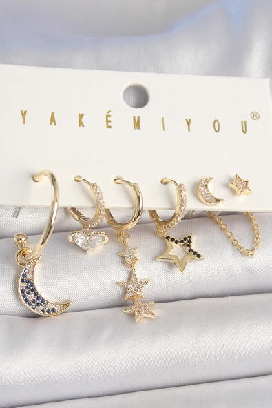 Pirinç Gold Renk Zirkon Taşlı Yıldız Model Hilal Detay 6'Lı Kadın Kombin Küpe - TJ-BKP10455