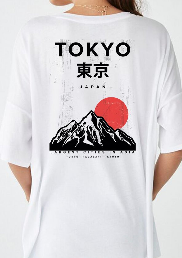 Ön ve Sırt Baskılı Beyaz Oversize T-shirt Tokyo