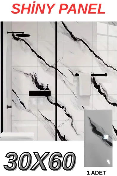 Renkli Duvarlar Yapışkanlı 1Adet 30x60cm Siyaha Alaca Mermer Desenli Esnek Banyo Wc Duvar Paneli Kağıdı BS8079-B ürün görseli