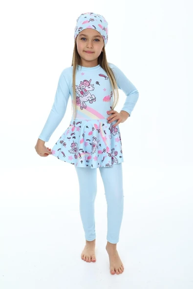 Kız Çocuk Uzun Kollu ve Etek Altlı Mayo Takımı 3-12 Yaş 12268 - 2