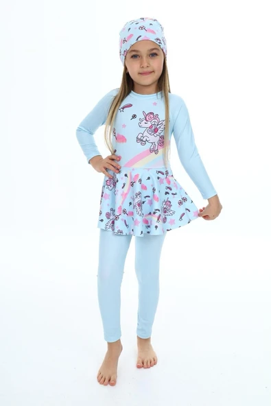 Kız Çocuk Uzun Kollu ve Etek Altlı Mayo Takımı 3-12 Yaş 12268 - 5