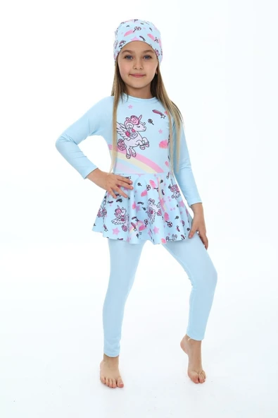 Kız Çocuk Uzun Kollu ve Etek Altlı Mayo Takımı 3-12 Yaş 12268 - 6