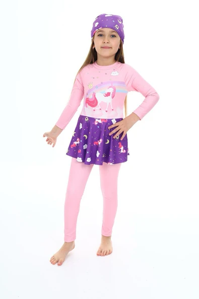 Kız Çocuk Uzun Kollu ve Etek Altlı Mayo Takımı 3-12 Yaş 12268