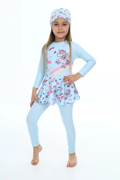 Kız Çocuk Uzun Kollu ve Etek Altlı Mayo Takımı 3-12 Yaş 12268 - 4