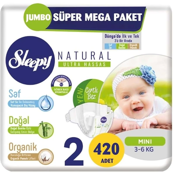 Sleepy Bebek Bezi Naturel Beden:2 (3-6Kg) Mini 420 Adet Jumbo Süper Mega Pk - Resim 2