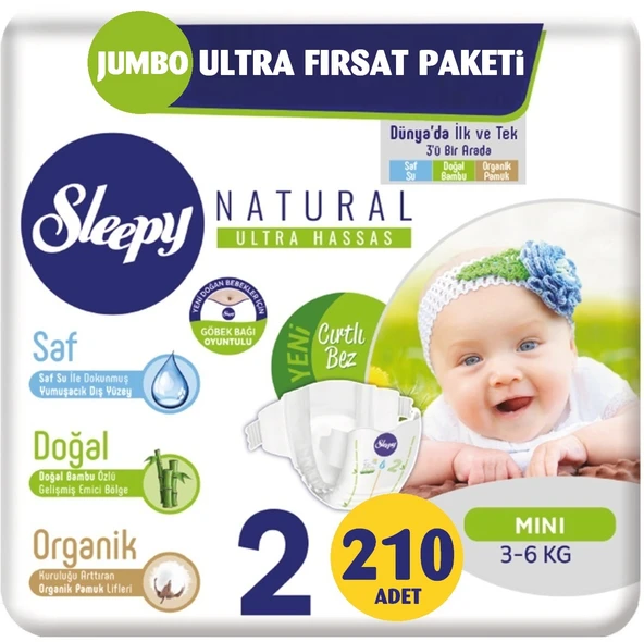 Sleepy Bebek Bezi Naturel Beden:2 (3-6Kg) Mini 210 Adet Jumbo Ultra Fırsat Pk