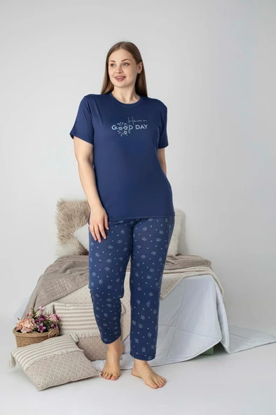 Kadın Bisiklet Yaka Düğmesiz Battal Kesim Viskon Yazlık Kısa Kol Büyük Beden Pijama Takımı - 4