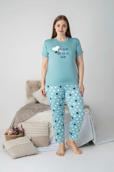 Kadın Bisiklet Yaka Düğmesiz Battal Kesim Viskon Yazlık Kısa Kol Büyük Beden Pijama Takımı - 9