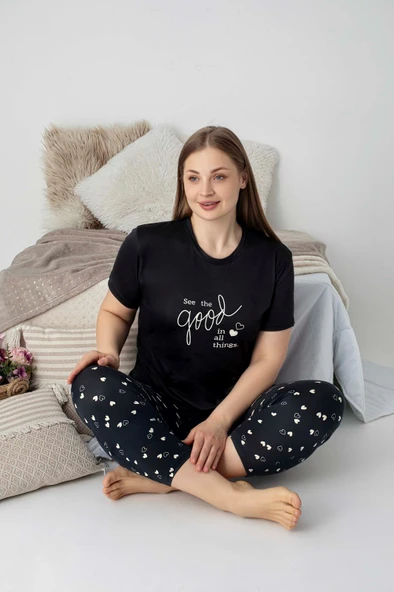 Kadın Bisiklet Yaka Düğmesiz Battal Kesim Viskon Yazlık Kısa Kol Büyük Beden Pijama Takımı - 2