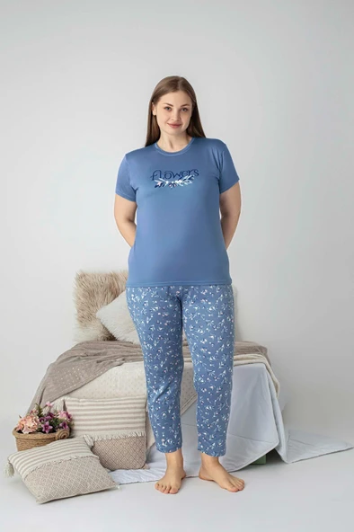 Kadın Bisiklet Yaka Düğmesiz Battal Kesim Viskon Yazlık Kısa Kol Büyük Beden Pijama Takımı - 7