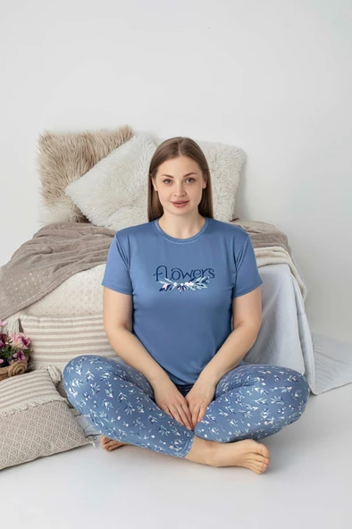 Kadın Bisiklet Yaka Düğmesiz Battal Kesim Viskon Yazlık Kısa Kol Büyük Beden Pijama Takımı - 8