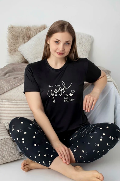 Kadın Bisiklet Yaka Düğmesiz Battal Kesim Viskon Yazlık Kısa Kol Büyük Beden Pijama Takımı - 3