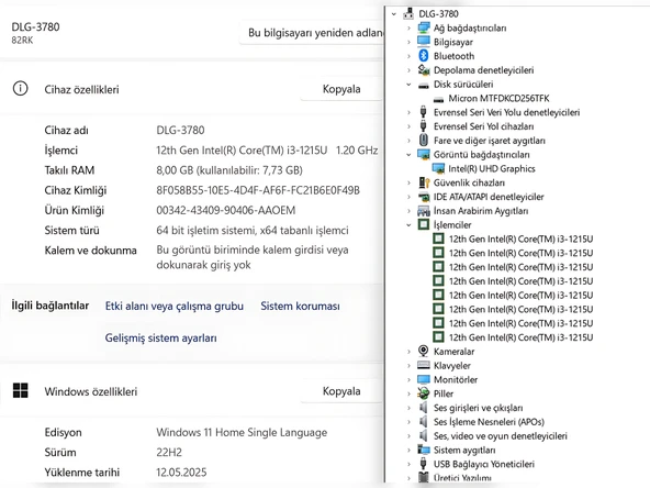 Lenovo IdeaPad 3 15AIU7 Intel Core i3 1215U 8GB RAM 256GB SSD W11 15.6” FHD 82RK00X8TX (İKİNCİ EL) - 5