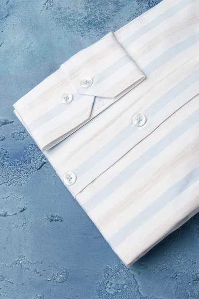 Slimfit Yaka Düğmeli %100 Pamuk Premium Serisi Çizgili Gömlek - Resim 3