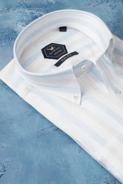 Slimfit Yaka Düğmeli %100 Pamuk Premium Serisi Çizgili Gömlek - Resim 2