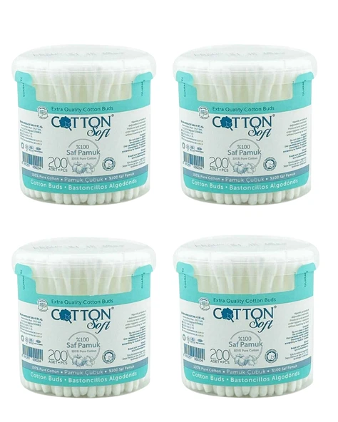 Cotton Soft Pamuk Kulak Temizleme Pamuğu 200 Adet Kulak Çubuğu x 4 Paket