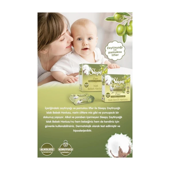 Sleepy Doğal Zeytinyağlı Islak Havlu Mendil 90 Adet - Resim 3