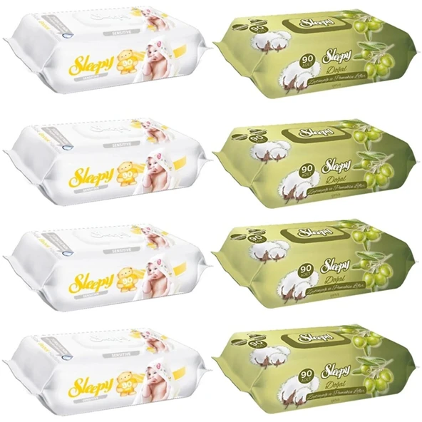 Sleepy Sensitive Islak Havlu 90'lı 4 Adet + Zeytinyağlı 90'lı 4 Adet ürün görseli