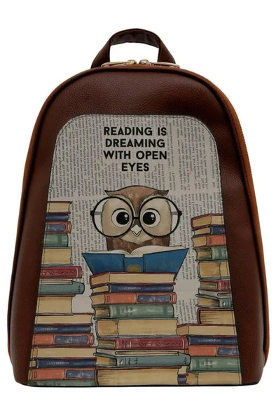 Kadın Vegan Deri Kahverengi Sırt Çantası - The Wise Owl Tasarım - 3